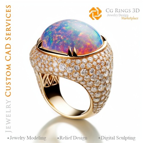 Ring mit Opal und Diamanten - 3D-CAD-Schmuck Zuhause, KI - Schmuck 3D-CAD, KI - Ringe 3D-CAD, KI - 3D-CAD-Schmuck Melodie der