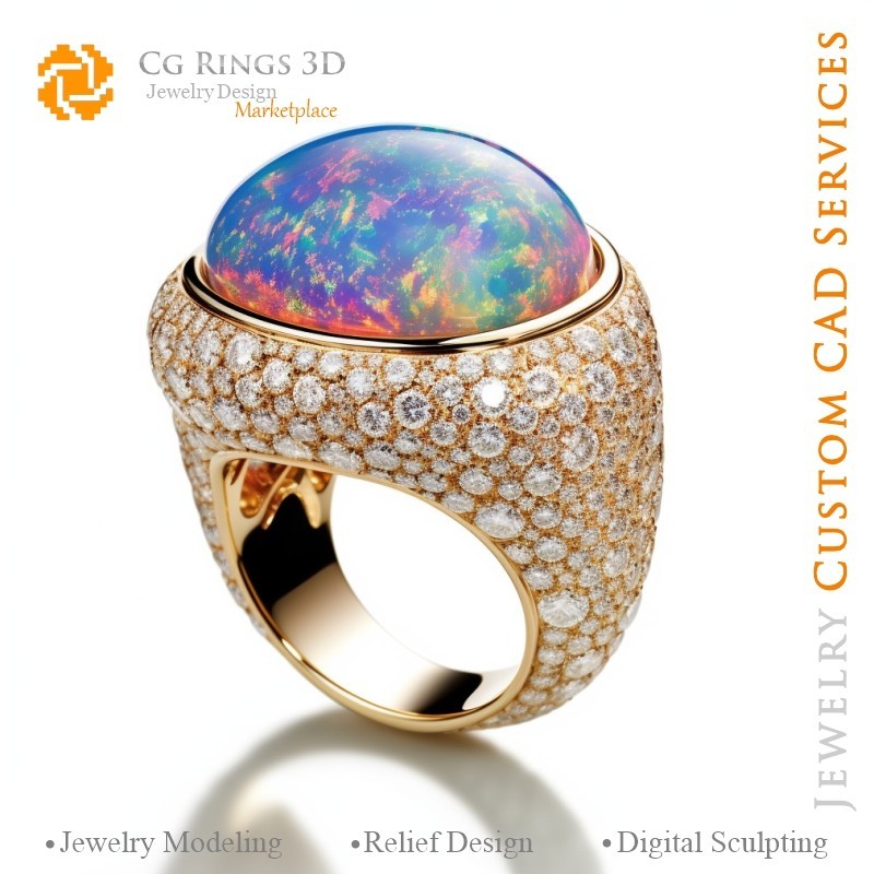 欧泊与钻石戒指 - 3D CAD 珠宝之家，AI - 珠宝 3D CAD，AI - 戒指 3D CAD，AI - 3D CAD 珠宝《色彩旋律》