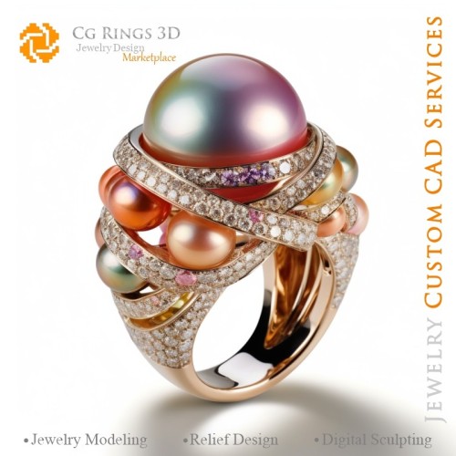 Bague avec perles et diamants - CAO 3D bijouterie à domicile, IA - CAO 3D bijoux, IA - CAO 3D bagues, IA - CAO 3D bijouterie