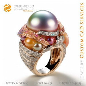 Anello con perle e diamanti - 3D CAD Gioielleria Home, IA - Gioielli 3D CAD, IA - Anelli 3D CAD, IA - 3D CAD Gioielleria