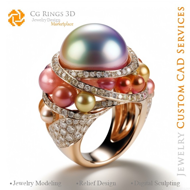 Ring mit Perlen und Diamanten - 3D-CAD-Schmuck Zuhause, KI - Schmuck 3D-CAD, KI - Ringe 3D-CAD, KI - 3D-CAD-Schmuck Melodie der
