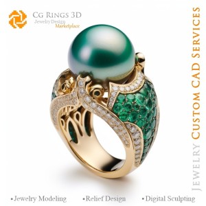 Bague avec perles, émeraudes et diamants - CAO 3D Joaillerie Maison, IA - CAO 3D Joaillerie, IA - Bagues CAO 3D, IA - CAO 3D