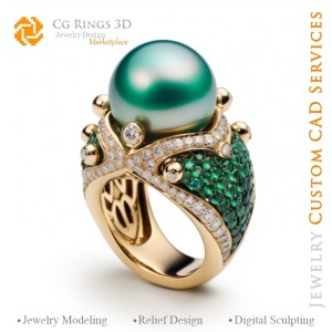 Anillo con perlas, esmeraldas y diamantes - CAD 3D de joyería para el hogar, IA - Joyería CAD 3D, IA - Anillos CAD 3D, IA - CAD