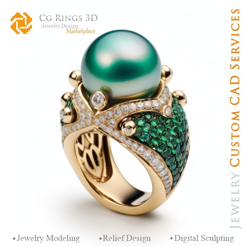 Anello con perle, smeraldi e diamanti - CAD 3D Gioielli Home, AI - CAD 3D Gioielli, AI - CAD 3D Anelli, AI - CAD 3D Gioielli