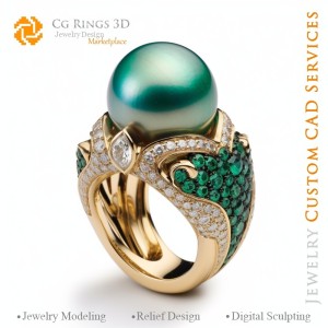 Bague avec perles, émeraudes et diamants - CAO 3D Joaillerie Maison, IA - CAO 3D Joaillerie, IA - Bagues CAO 3D, IA - CAO 3D