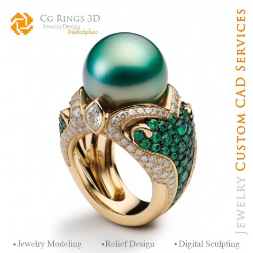 Ring mit Perlen, Smaragden und Diamanten - 3D-CAD-Schmuck Zuhause, KI - Schmuck 3D-CAD, KI - Ringe 3D-CAD, KI - 3D-CAD-Schmuck