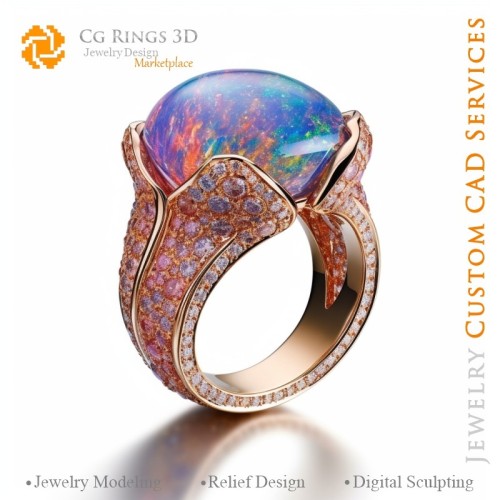 Anillo con ópalo - CAD 3D para joyería, IA - CAD 3D de anillos, IA - CAD 3D para joyería Melodía de colores, IA - CAD 3D
