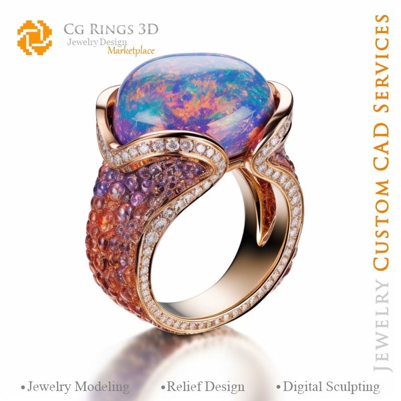 蛋白石戒指 - 3D CAD 珠宝之家, AI - 珠宝 3D CAD, AI - 戒指 3D CAD, AI - 颜色旋律 3D CAD, AI - 3D CAD