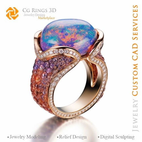 蛋白石戒指 - 3D CAD 珠宝之家, AI - 珠宝 3D CAD, AI - 戒指 3D CAD, AI - 颜色旋律 3D CAD, AI - 3D CAD