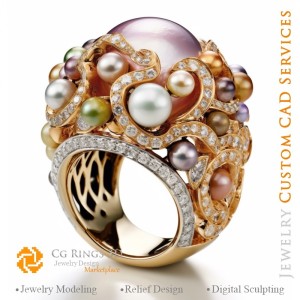 Bague avec perles et diamants - CAO 3D Joaillerie Maison, IA - CAO 3D Joaillerie, IA - Bagues CAO 3D, IA - CAO 3D Joaillerie