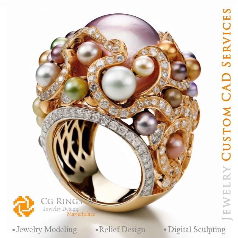 Anillo con perlas y diamantes - CAD 3D de joyería para el hogar, IA - CAD 3D de joyería, IA - Anillos CAD 3D, IA - CAD 3D de