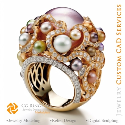 Bague avec perles et diamants - CAO 3D Joaillerie Maison, IA - CAO 3D Joaillerie, IA - Bagues CAO 3D, IA - CAO 3D Joaillerie