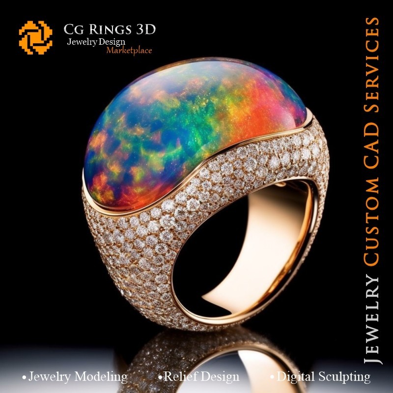 Anillo con ópalo y diamantes - CAD 3D de joyería en casa, IA - CAD 3D de joyería, IA - CAD 3D de anillos, IA - CAD 3D Joyería