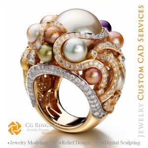 珍珠与钻石戒指 - 3D CAD 珠宝之家，AI - 珠宝 3D CAD，AI - 戒指 3D CAD，AI - 3D CAD 珠宝《旋律之歌》