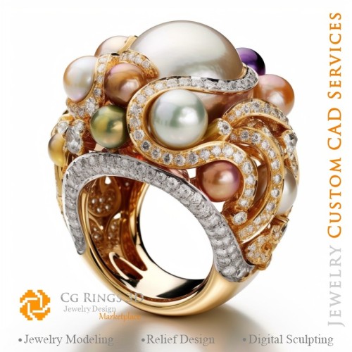 Ring mit Perlen und Diamanten - 3D-CAD-Schmuck Zuhause, KI - Schmuck 3D-CAD, KI - Ringe 3D-CAD, KI - 3D-CAD-Schmuck Melodie von