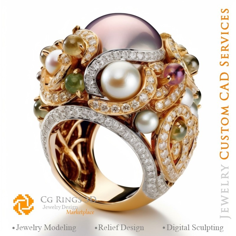 珍珠钻石戒指 - 3D CAD 珠宝之家, AI - 珠宝 3D CAD, AI - 戒指 3D CAD, AI - 3D CAD 珠宝《旋律之歌》