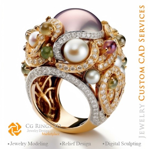 Ring mit Perlen und Diamanten - 3D-CAD-Schmuck Zuhause, KI - Schmuck 3D-CAD, KI - Ringe 3D-CAD, KI - 3D-CAD-Schmuck Melody of