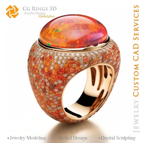 Anillo con ópalo - 3D CAD Joyería Hogar, IA - Joyería 3D CAD, IA - Anillos 3D CAD, IA - 3D CAD Joyería Melodía de Colores, IA -
