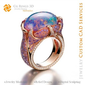 蛋白石戒指 - 3D CAD 珠宝 家用，AI - 珠宝 3D CAD，AI - 戒指 3D CAD，AI - 3D CAD 珠宝 色彩旋律，AI - 3D C