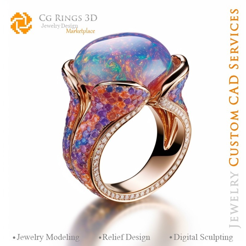 Bague avec opale - CAO 3D Bijoux Maison, IA - CAO 3D Bijoux, IA - Bagues CAO 3D, IA - CAO 3D Bijoux Mélodie des Couleurs, IA -