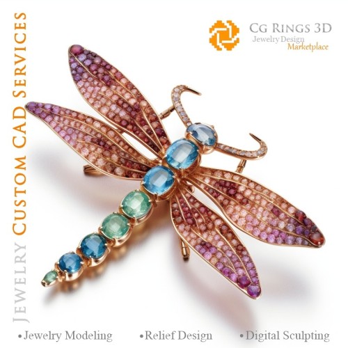 蜻蜓吊坠与色彩旋律 - 3D CAD 珠宝 家居, AI - 珠宝 3D CAD, AI - 吊坠 3D CAD, AI - 3D CAD 珠宝