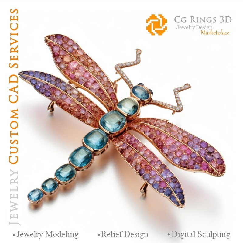 Colgante de libélula con melodía de colores - CAD 3D para joyería, IA - Joyería CAD 3D, IA - Colgantes CAD 3D, IA - CAD 3D para
