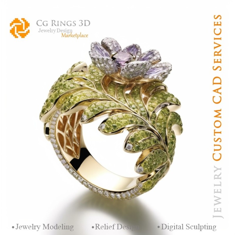 Anello a fiore con peridoto e tanzanite - Gioielleria CAD 3D per la casa, AI - Gioielleria CAD 3D, AI - Anelli CAD 3D, AI -