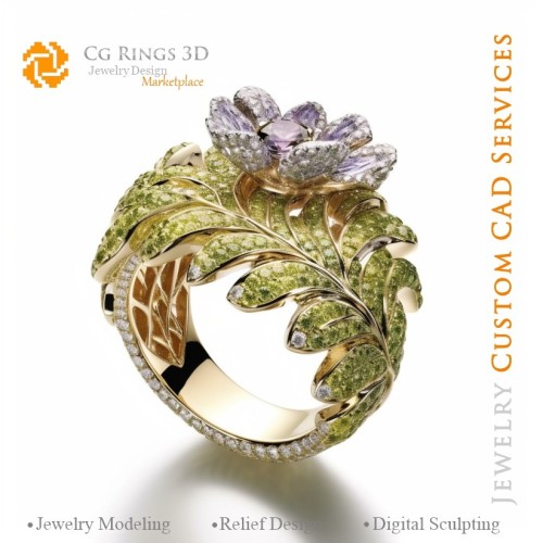 Bague Fleur avec Péridot et Tanzanite - CAO 3D Joaillerie Maison, IA - CAO 3D Joaillerie, IA - Bagues CAO 3D, IA - CAO 3D