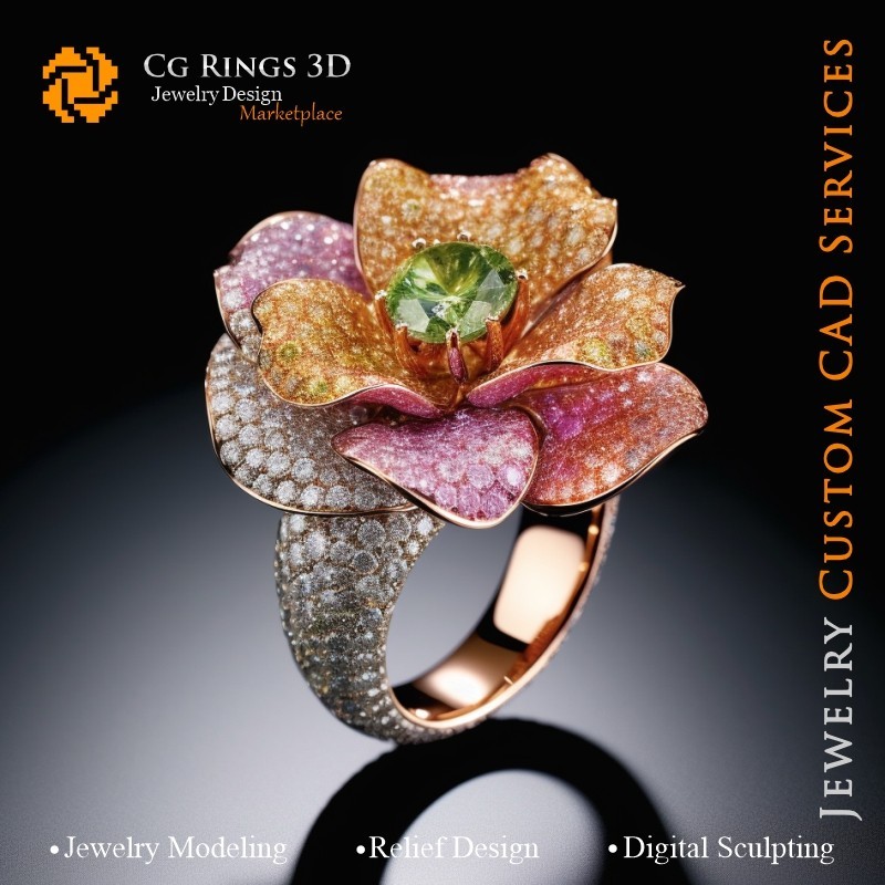 Anillo de Flores con Melodía de Colores - Joyería 3D CAD para el Hogar, IA - Joyería 3D CAD, IA - Anillos 3D CAD, IA - Joyería