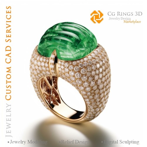 Bague avec émeraude et diamants - CAO 3D pour bijoux, IA - CAO 3D bagues, IA - CAO 3D pour bijoux Mélodie de Co