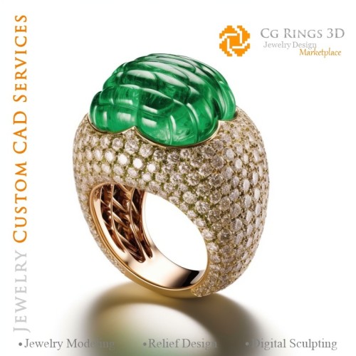 Anillo con esmeralda y diamantes - CAD 3D de joyería hogar, IA - CAD 3D de joyería, IA - CAD 3D de anillos, IA - CAD 3D de