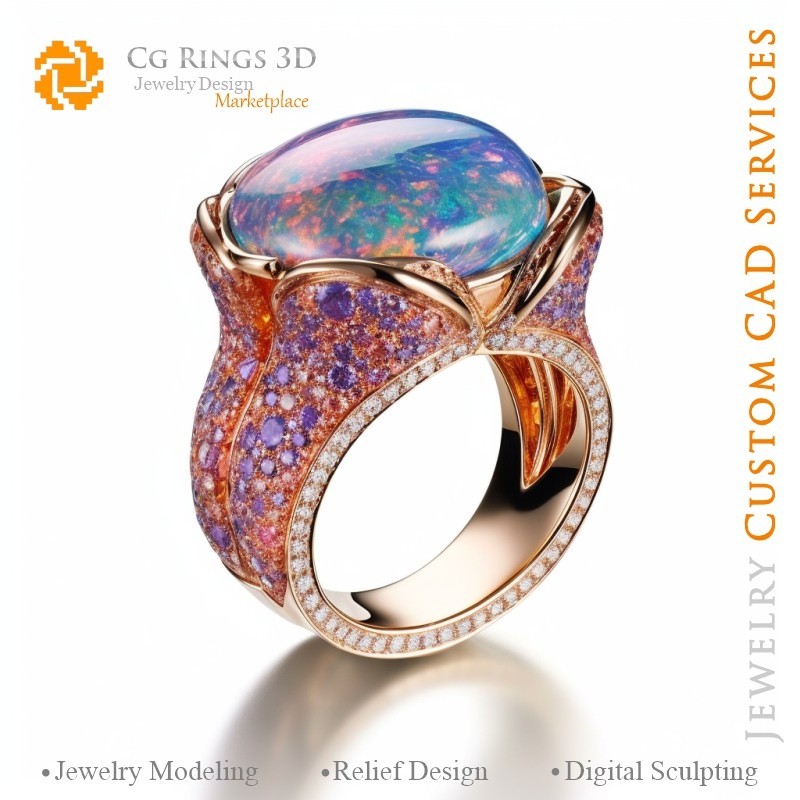 蛋白石戒指 - 3D CAD 珠宝 家居，AI - 珠宝 3D CAD，AI - 戒指 3D CAD，AI - 3D CAD 珠宝 色彩旋律，AI - 3D C