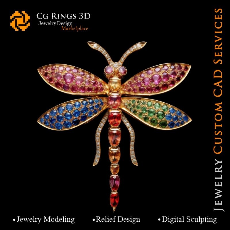 Libellen-Anhänger mit Melodie der Farben - 3D-CAD-Schmuck Zuhause, KI - Schmuck 3D-CAD, KI - Anhänger 3D-CAD, KI -