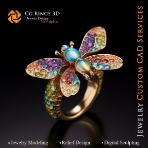 蜻蜓戒指与色彩旋律 - 3D CAD 珠宝之家，AI - 珠宝 3D CAD，AI - 戒指 3D CAD，AI - 3D CAD 珠宝旋律