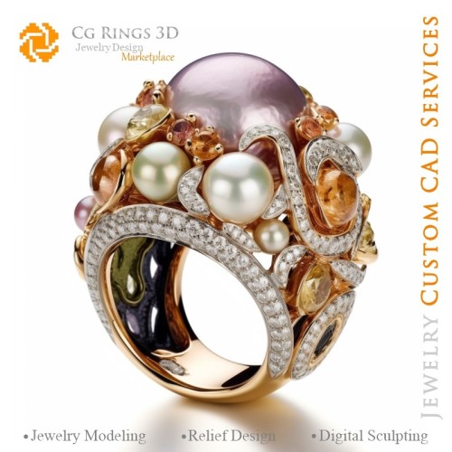 Ring mit Perlen und Diamanten - 3D-CAD-Schmuck Zuhause, KI - Schmuck 3D-CAD, KI - Ringe 3D-CAD, KI - 3D-CAD-Schmuck Melody of