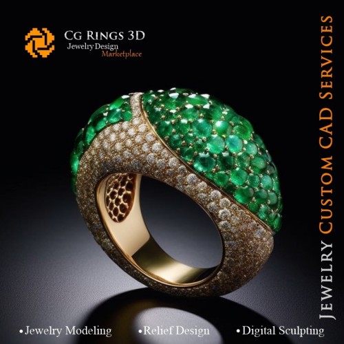 Anello con smeraldo e diamanti - CAD 3D gioielli a casa, IA - CAD 3D gioielli, IA - CAD 3D anelli, IA - CAD 3D gioielli Melody