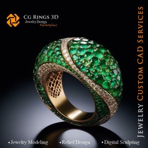 Anillo con Esmeralda y Diamantes - CAD 3D de Joyería, IA - CAD 3D de Anillos, IA - CAD 3D de Joyería, IA - Joyería