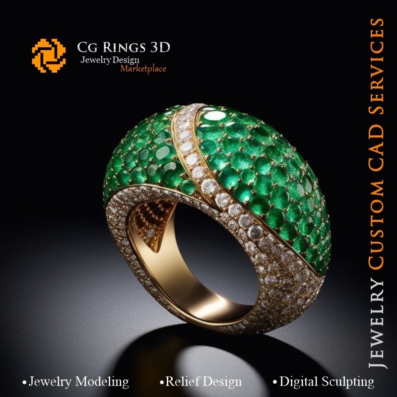 Ring mit Smaragd und Diamanten - 3D-CAD Schmuck Zuhause, KI - Schmuck 3D-CAD, KI - Ringe 3D-CAD, KI - 3D-CAD Schmuck Melody of