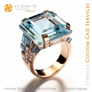 海蓝宝与钻石戒指 - 3D CAD 珠宝
