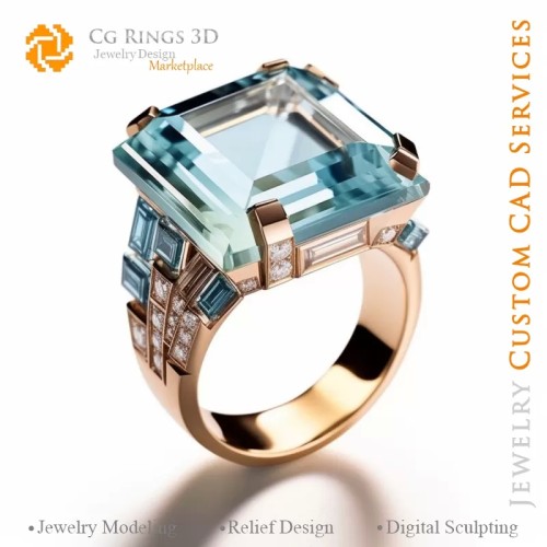 海蓝宝与钻石戒指 - 3D CAD 珠宝