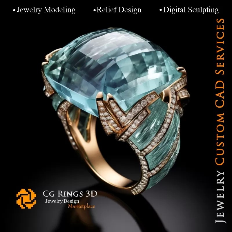 Bague avec Aigue-Marine et Diamants -...
