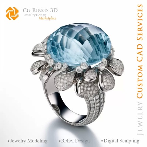 海蓝宝石与钻石戒指 - 3D CAD 珠宝