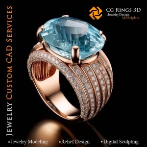 海蓝宝与钻石戒指 - 3D CAD 珠宝
