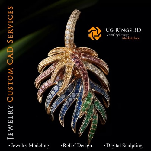色彩旋律蕨叶吊坠 - 3D CAD 珠宝