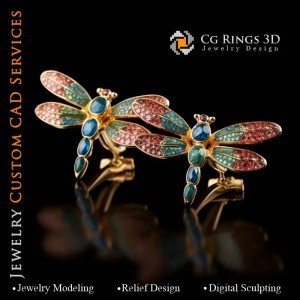 配托帕石（Iolite）的蜻蜓袖扣 - 3D CAD 珠宝