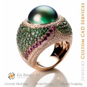 Bague avec Perle et Émeraudes - Joaillerie CAO 3D
