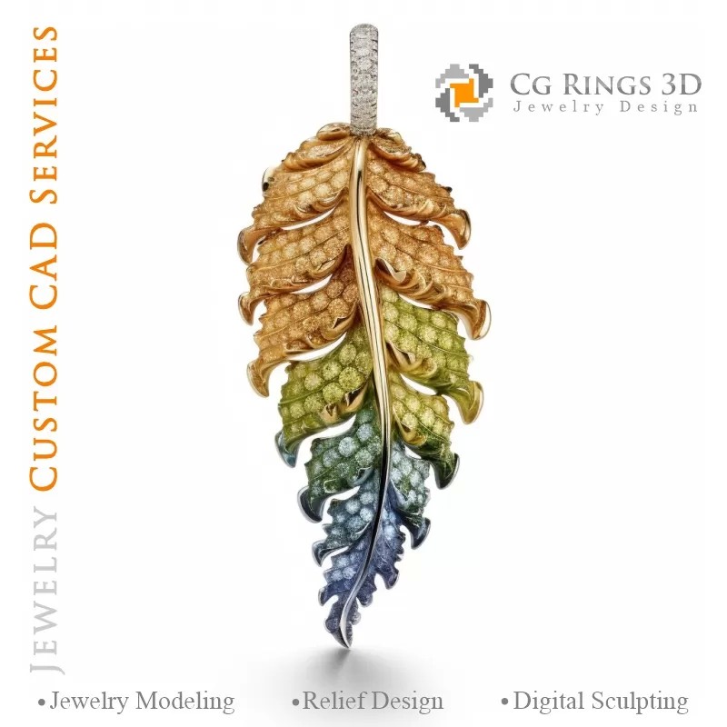 色彩旋律蕨叶吊坠 - 3D CAD 珠宝