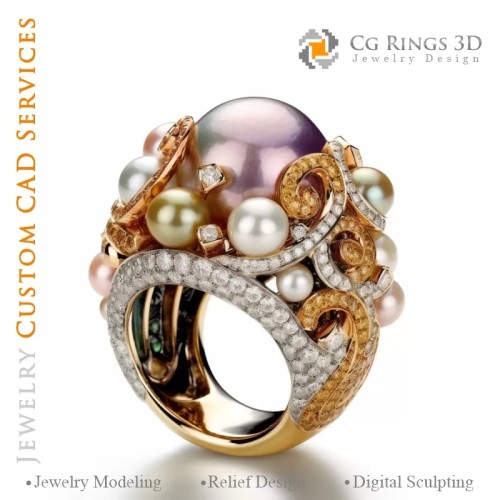 Ring mit Perlen und Diamanten - 3D CAD Schmuck