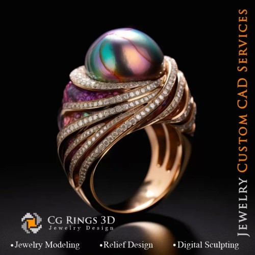 Anillo con Perla y Diamantes - CAD 3D de Joyería