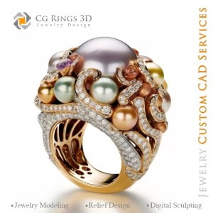Anillo con perlas y diamantes - CAD 3D de joyería 2